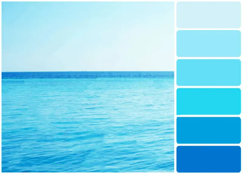 Palette de couleurs marines, explorant chaque nuance de bleu, de l'eau claire au ciel infini.