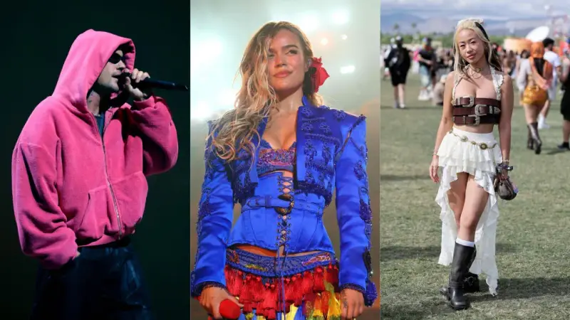 Trois looks pour le festival Coachella : un chanteur en rose, une artiste en bleu flamboyant, et une festivalière en blanc et cuir.