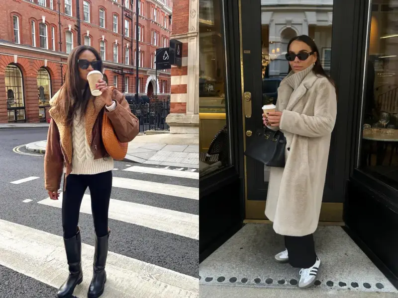 Deux femmes présentent des tenues d'hiver élégantes, parfaites pour un entretien d'embauche. L'une porte un blouson en cuir marron et un pull torsadé, l'autre un manteau long en fausse fourrure beige.