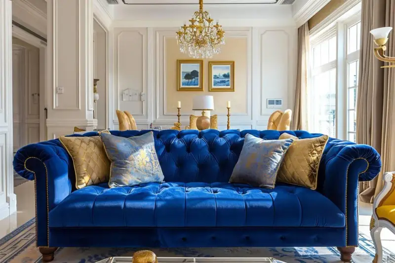 Canapé bleu roi somptueux, rehaussé de coussins dorés et bleus. Quelle couleur associer au bleu roi ? L'or, pour une touche royale.