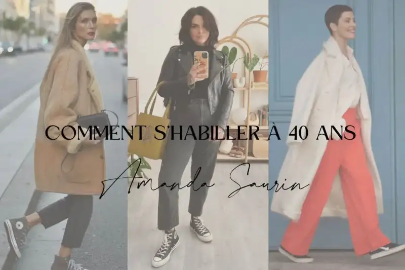 Trois femmes montrent des looks tendance pour un style femme 40 ans : manteau en peau de mouton, perfecto et pantalon large.
