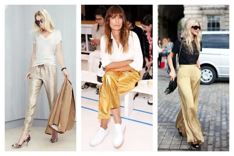 Trois femmes portent des pantalons dorés. Quelle couleur va avec le doré vêtement ? Le blanc, le noir et le camel sont de bonnes options.