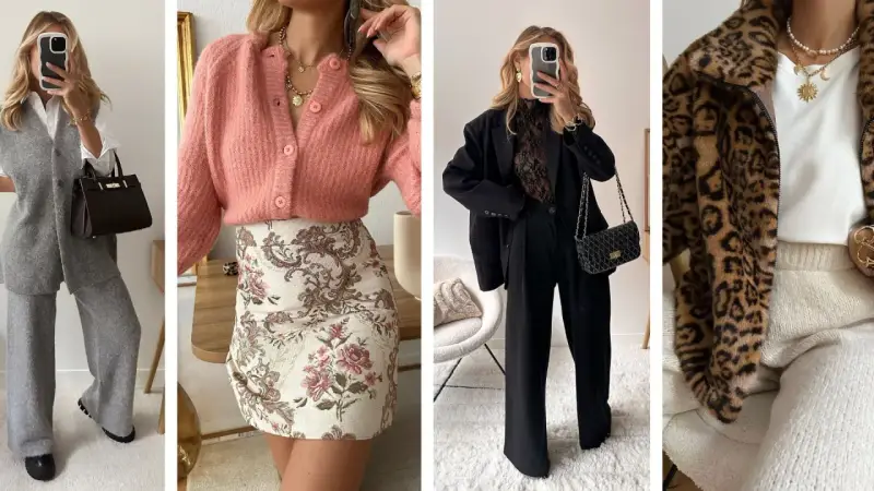 Idées de tenues pour Noël : tailleur gris, robe fleurie rose, tailleur noir chic, ou manteau léopard.