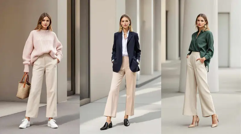 Trois femmes portent une tenue avec pantalon beige femme hiver : un pull rose, un blazer bleu marine, et une chemise verte.