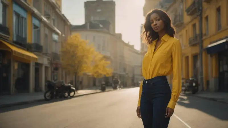 Une femme porte une chemise jaune oversize rentrée dans un jean. Elle se tient dans une rue bordée de bâtiments jaunes et d'arbres aux feuilles d'automne.