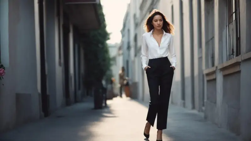 Une femme élégante marche dans une ruelle, portant une chemise blanche et un pantalon noir.